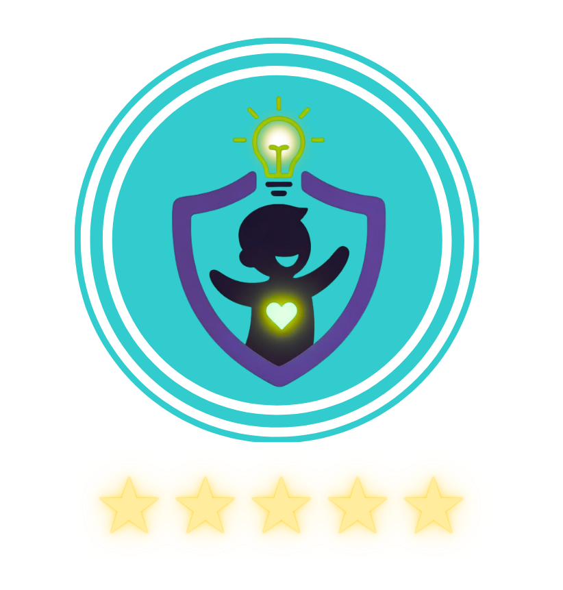 POP Safe Solutions emblem: child in a shield, lightbulb, glowing heart, teal circle, and five stars