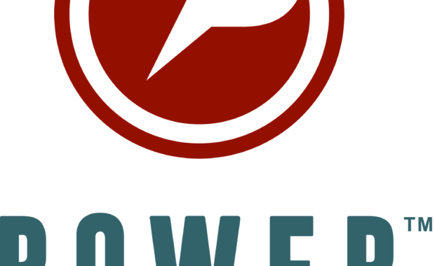 Power Over Predators colored logo. Red circle with a capital P. Blue words.
