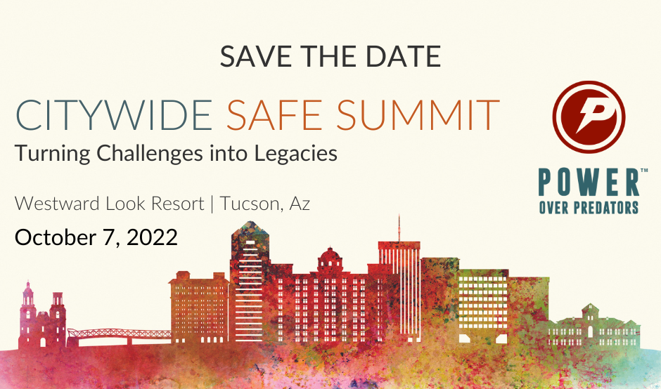 Save The Date image for summit with text information over summit logo of watercolor cityscape