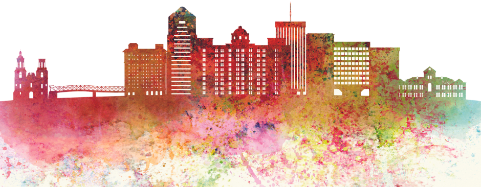 Summit logo, bold watercolor cityscape