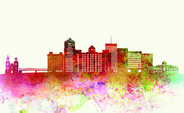 Summit logo bold watercolor cityscape